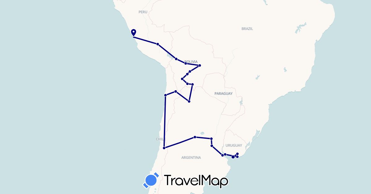 TravelMap itinerary: driving in Argentina, Bolivia, Chile, Peru, Uruguay (South America)